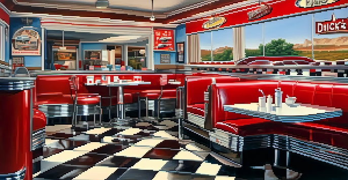 An interior view of a classic diner with checkered floors and chrome accents, showing customers enjoying breakfast with pancakes and milkshakes, decorated with Route 66 memorabilia.