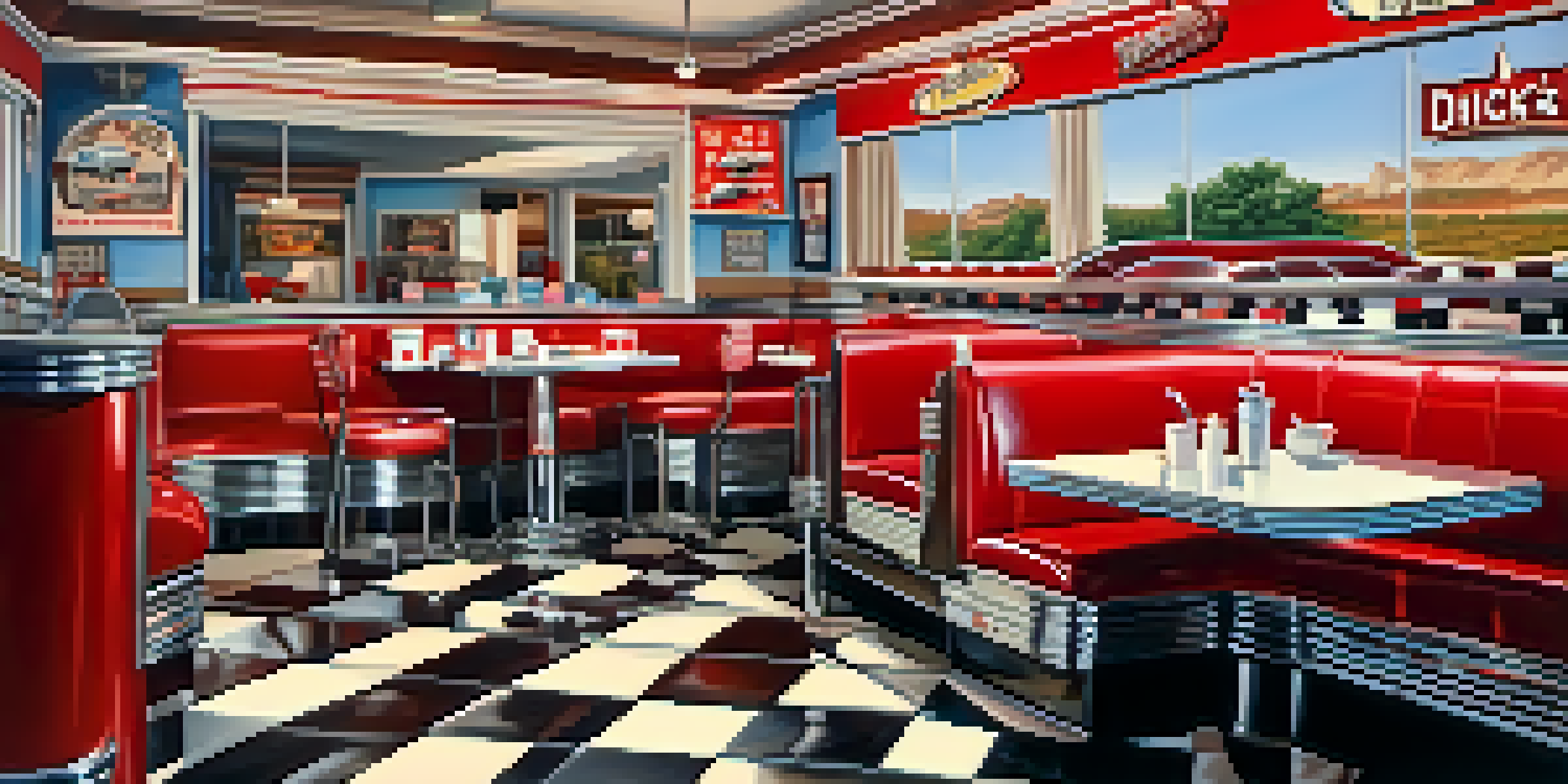 An interior view of a classic diner with checkered floors and chrome accents, showing customers enjoying breakfast with pancakes and milkshakes, decorated with Route 66 memorabilia.