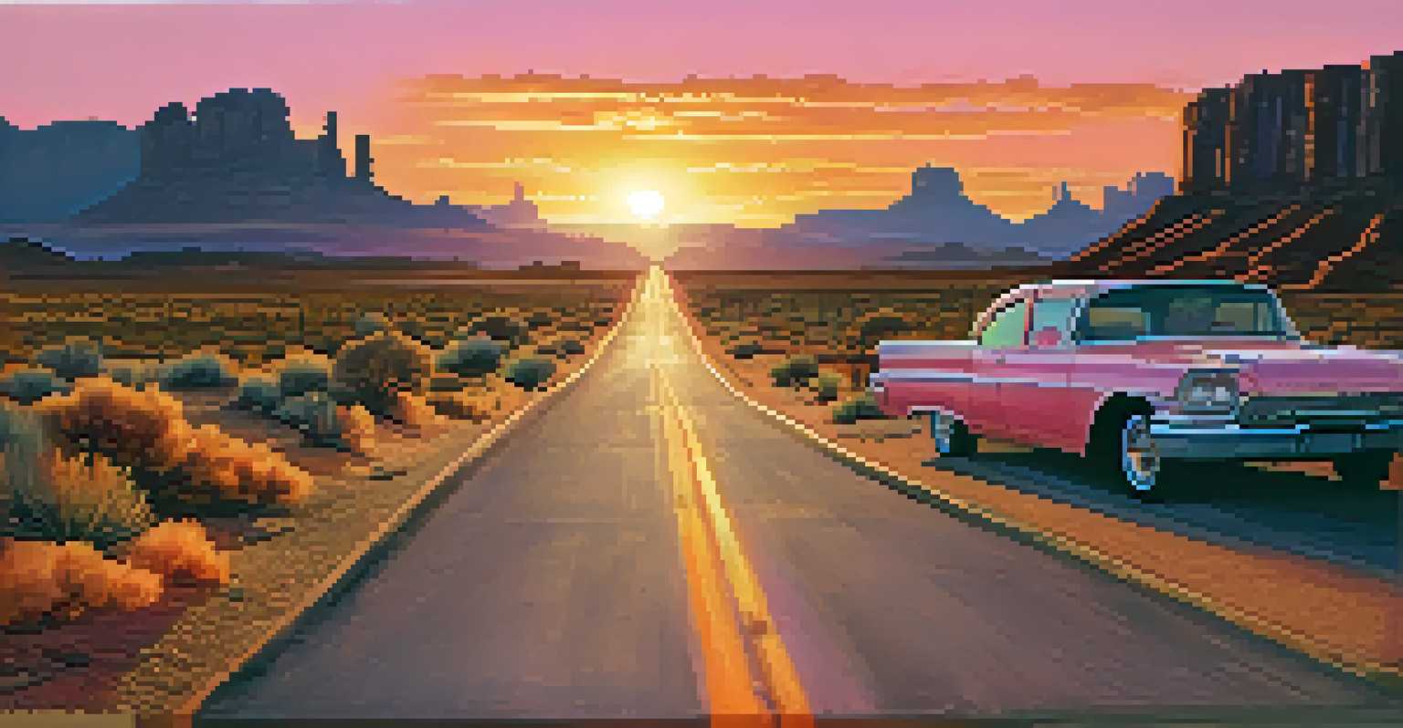 A scenic sunset along Route 66 in Arizona, with mountains in the background and travelers walking beside the road, illuminated by warm sunset colors.