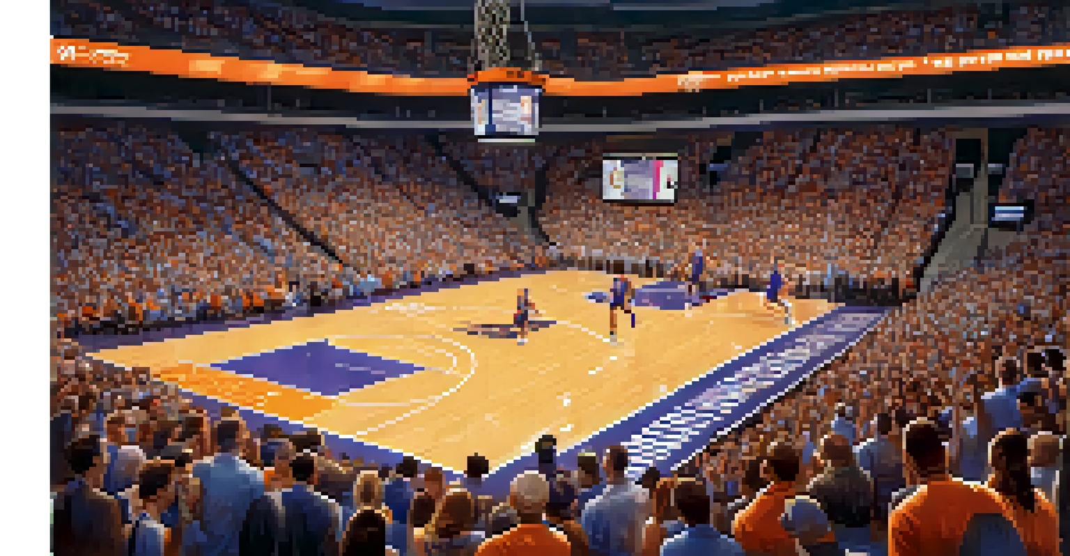 An exciting basketball game at the Footprint Center featuring the Phoenix Suns, with fans cheering and bright arena lights.