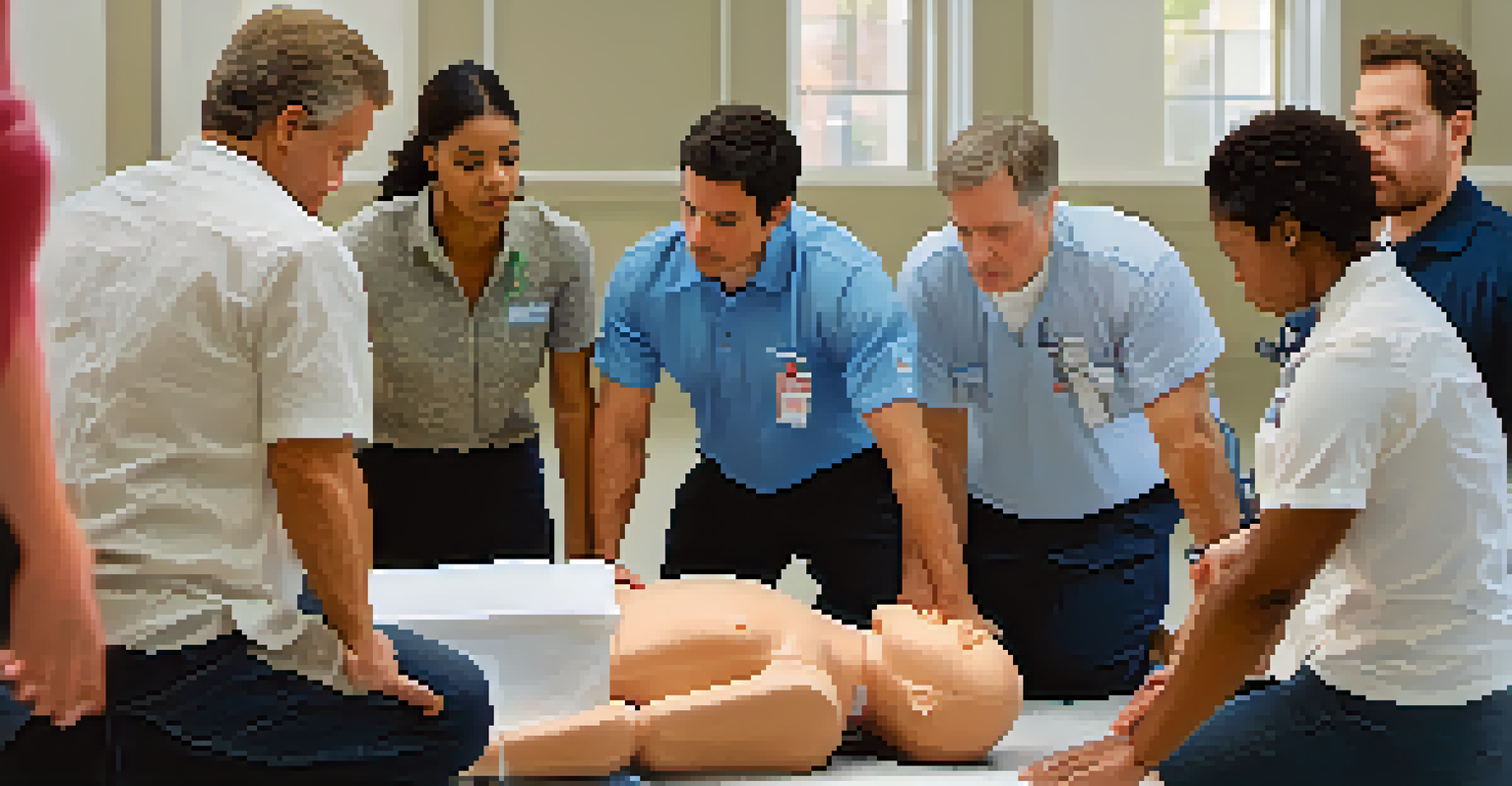 A CPR training session in a classroom with an instructor demonstrating on a mannequin and attentive participants.