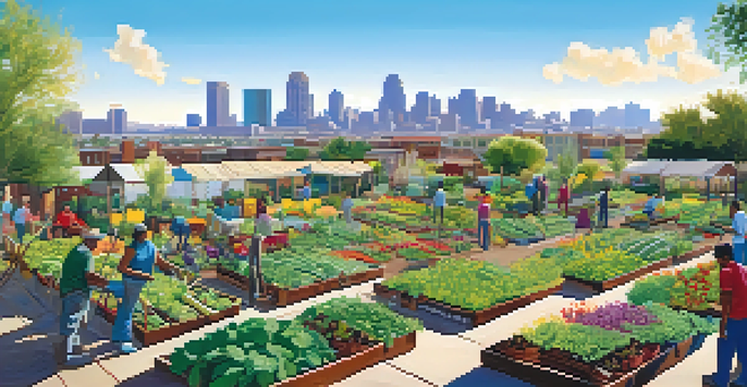 A community garden with diverse individuals planting and tending to colorful vegetables and flowers under a sunny sky with city buildings in the background.