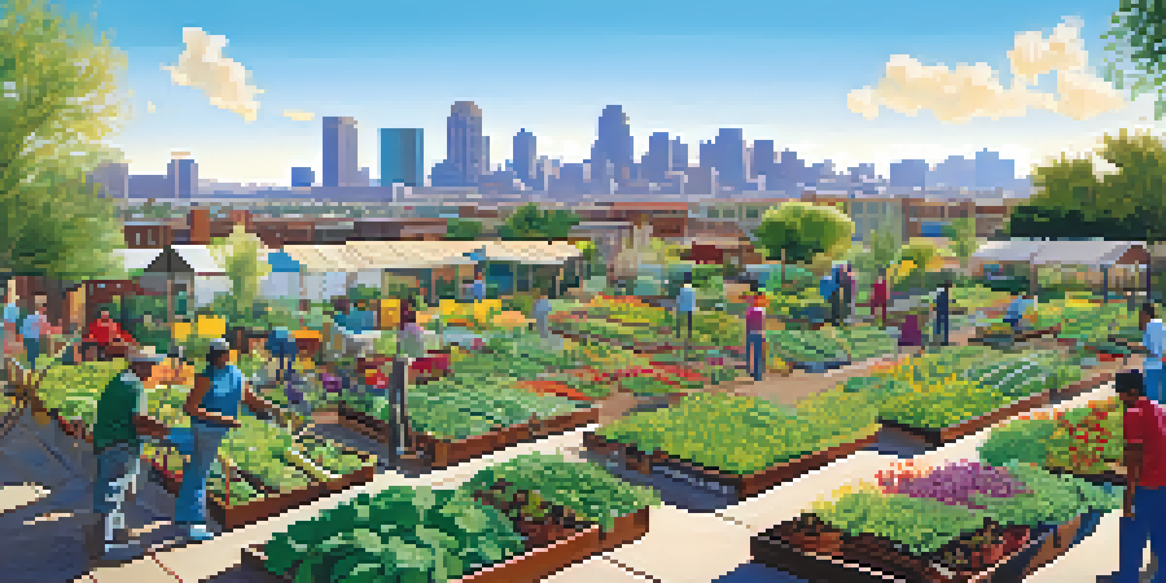 A community garden with diverse individuals planting and tending to colorful vegetables and flowers under a sunny sky with city buildings in the background.