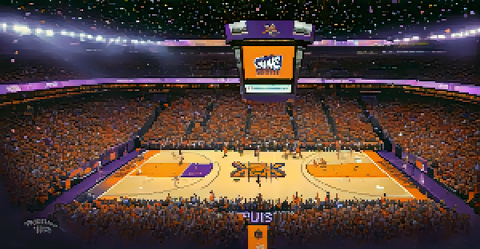 A lively basketball game at the Phoenix Suns arena, with fans cheering and players in action.