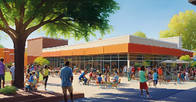 A lively community center in Phoenix with people of all ages engaged in activities, including children playing, adults in a workshop, and seniors socializing, all under warm sunlight.