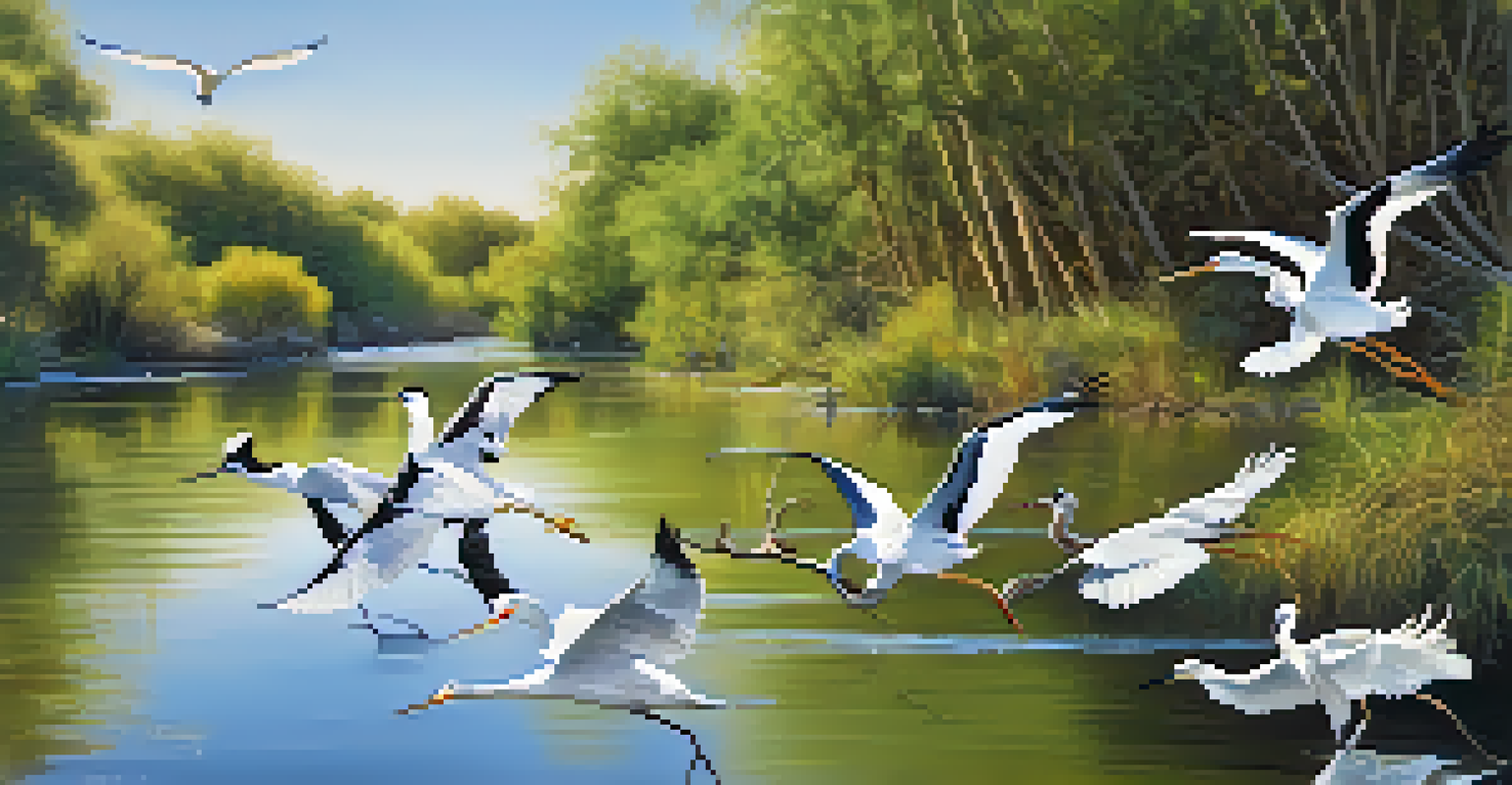 A heron by the water with egrets flying overhead in a vibrant natural setting.