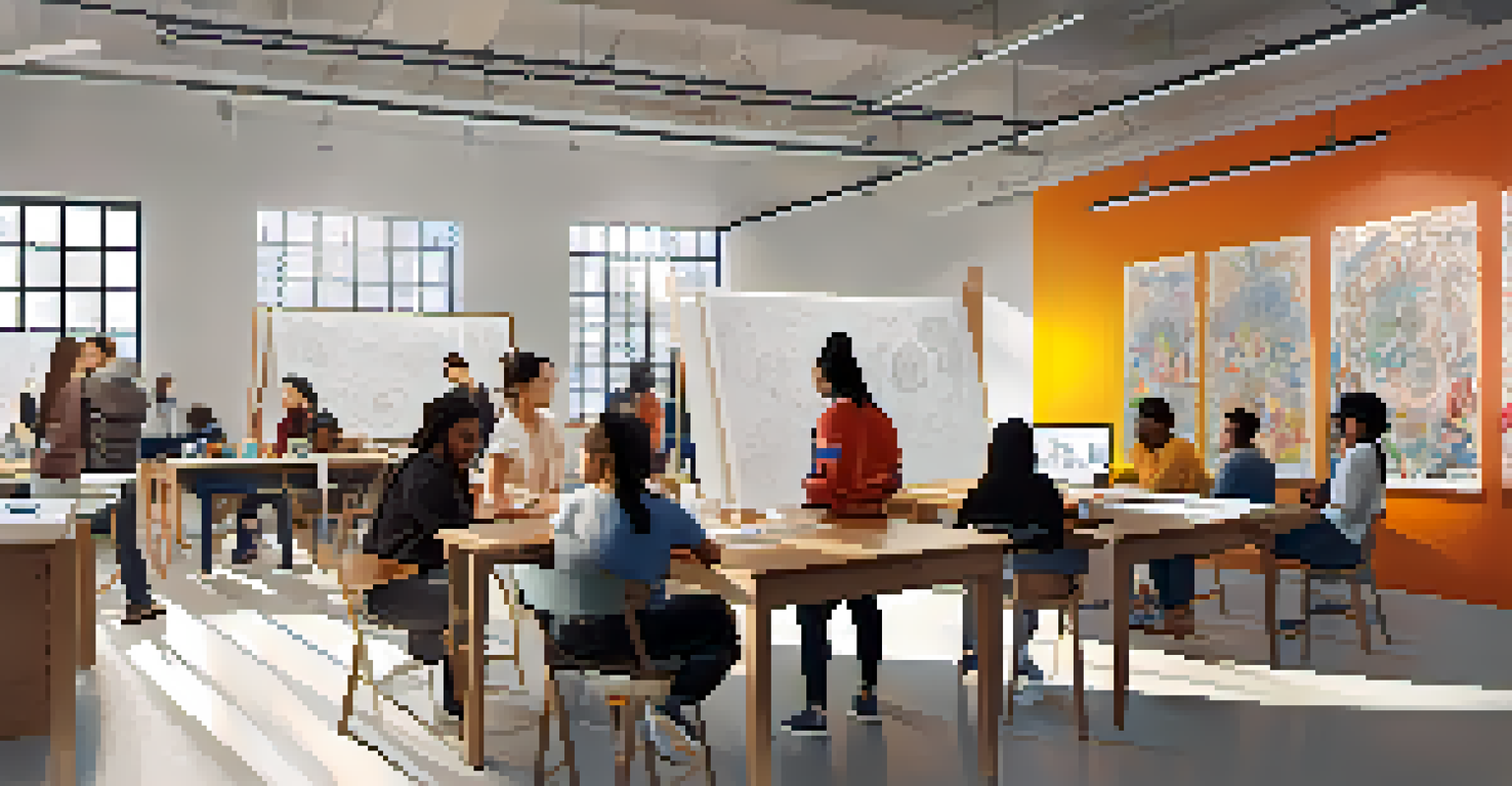 A graphic design workshop with diverse students collaborating on cultural projects in a well-lit studio filled with design materials.