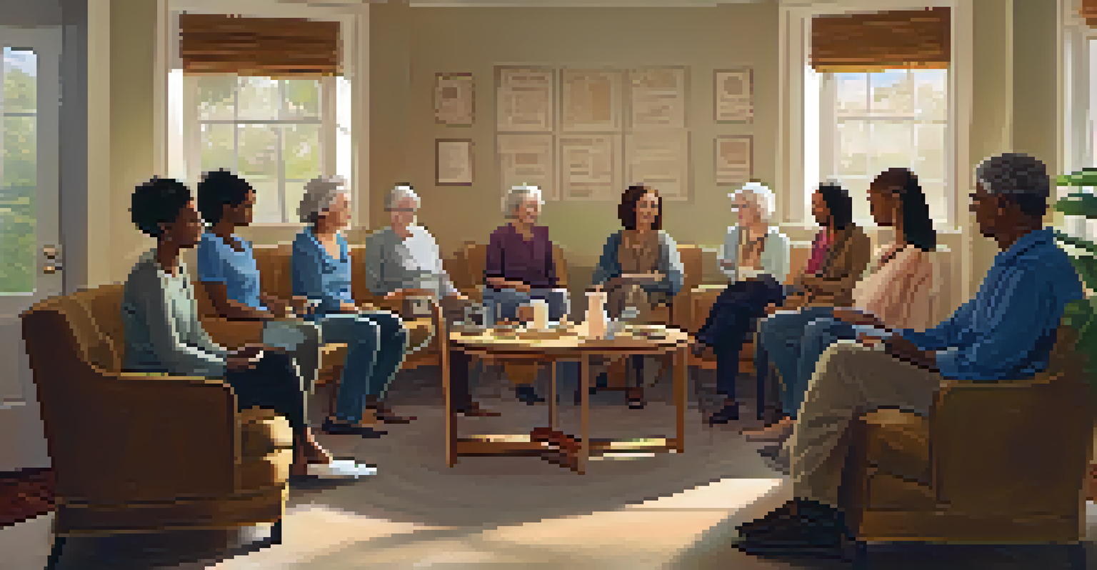 An indoor support group meeting with individuals sharing experiences in a cozy room filled with inspirational quotes and calming artwork.