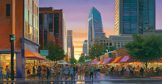 A lively street scene in Downtown Phoenix at sunset, with people walking and dining outdoors among modern skyscrapers bathed in orange and purple hues.