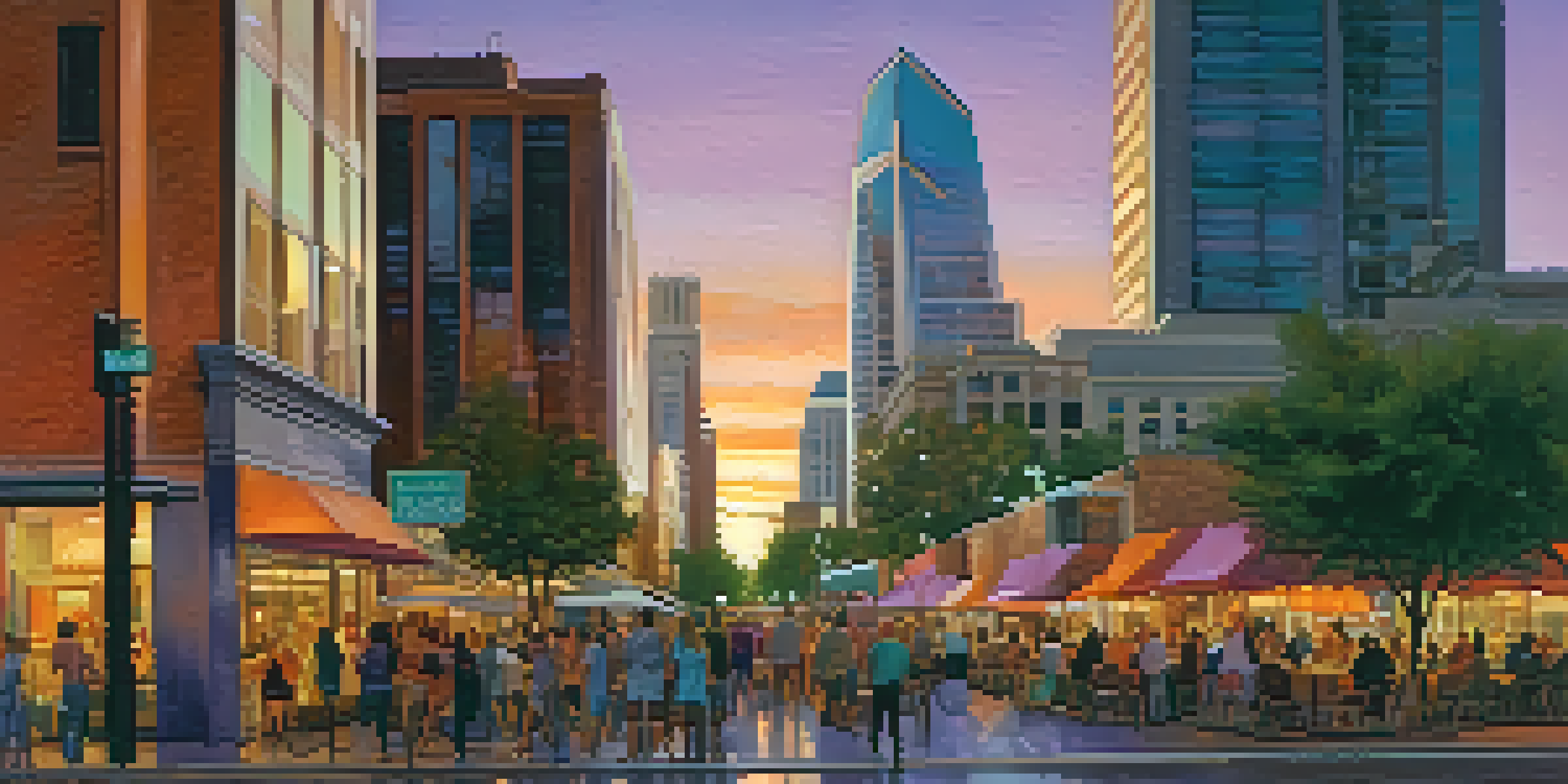 A lively street scene in Downtown Phoenix at sunset, with people walking and dining outdoors among modern skyscrapers bathed in orange and purple hues.