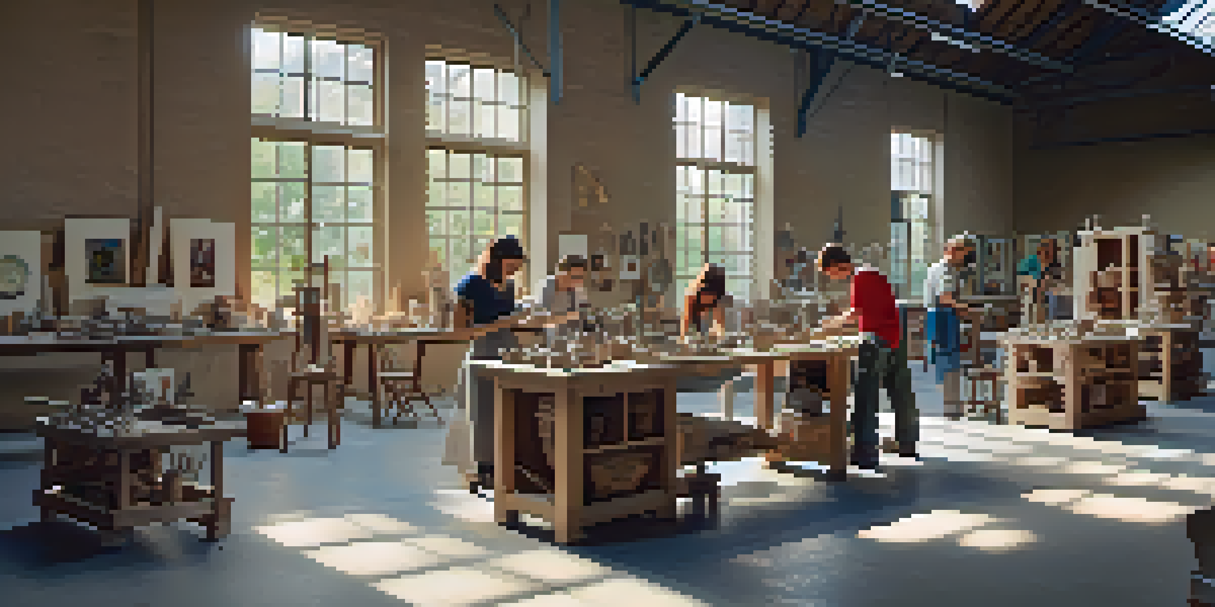 A lively sculpture workshop with people of different ages creating art, featuring clay, stone, and metal materials in a bright and sunny environment.