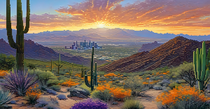 A sunset view of South Mountain Park with vibrant colors in the sky, desert plants, and distant hikers on rocky trails.