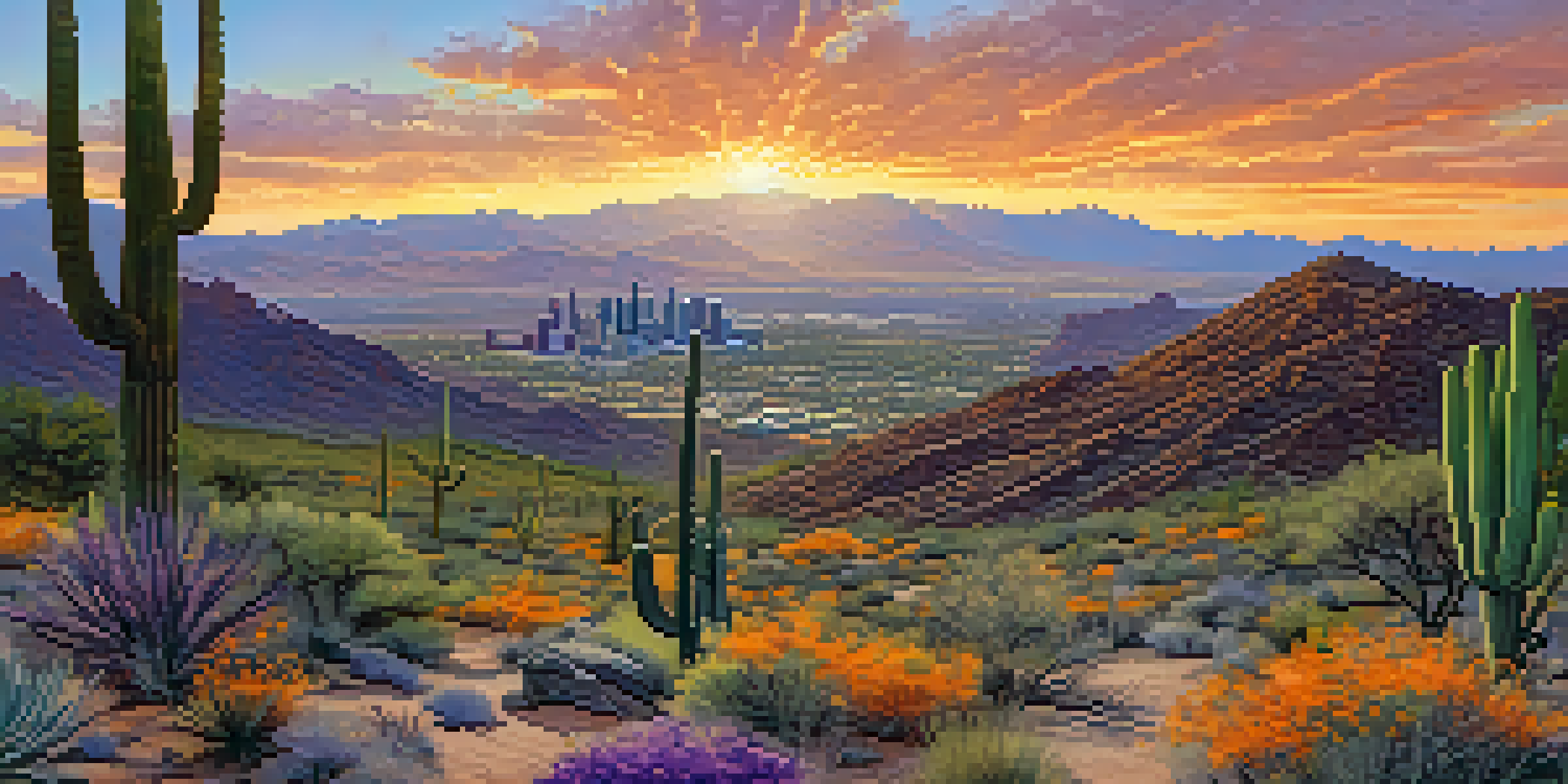 A sunset view of South Mountain Park with vibrant colors in the sky, desert plants, and distant hikers on rocky trails.