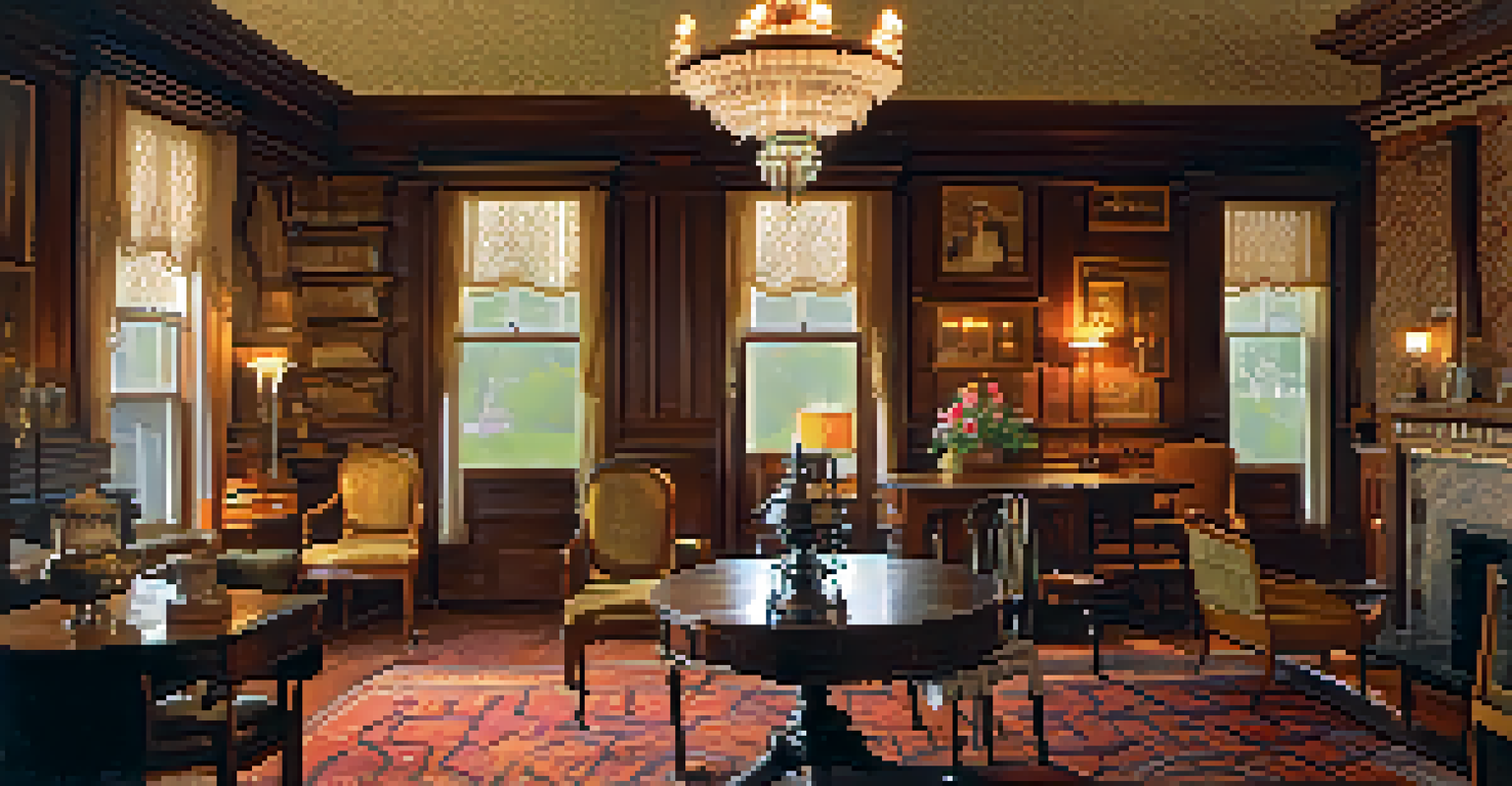 A cozy parlor with period furnishings, rich wooden elements, and an elegant chandelier, softly lit to reflect Victorian charm.