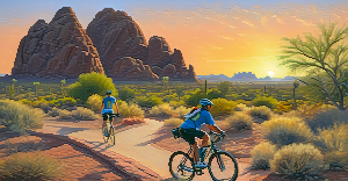 Bicyclists riding through Papago Park at sunset, surrounded by unique rock formations and desert plants.