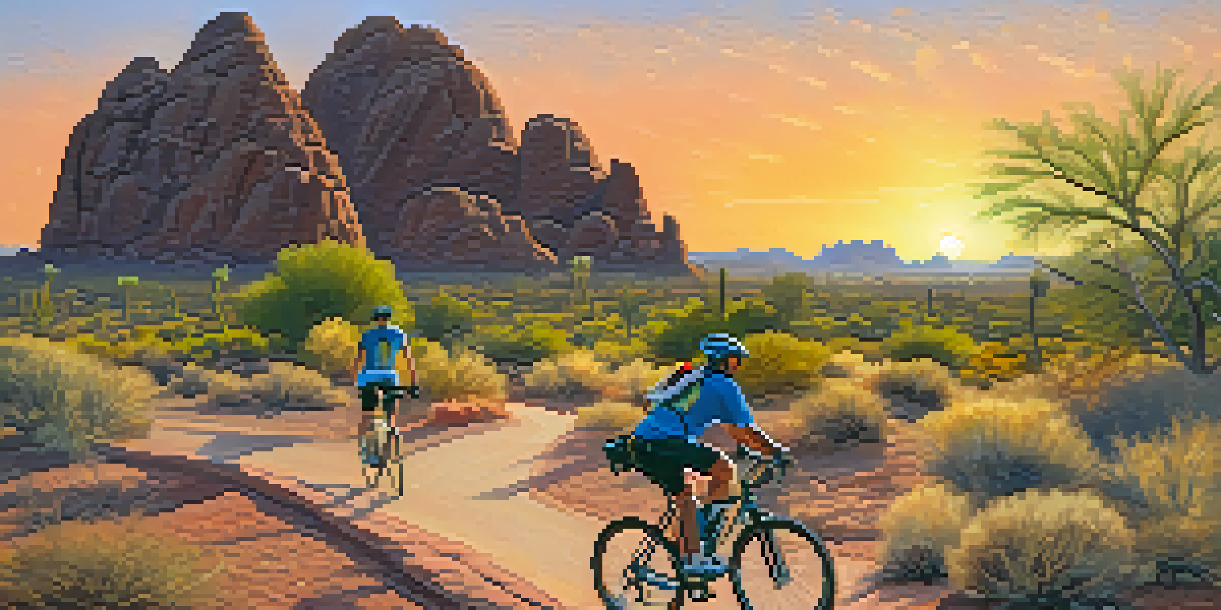 Bicyclists riding through Papago Park at sunset, surrounded by unique rock formations and desert plants.