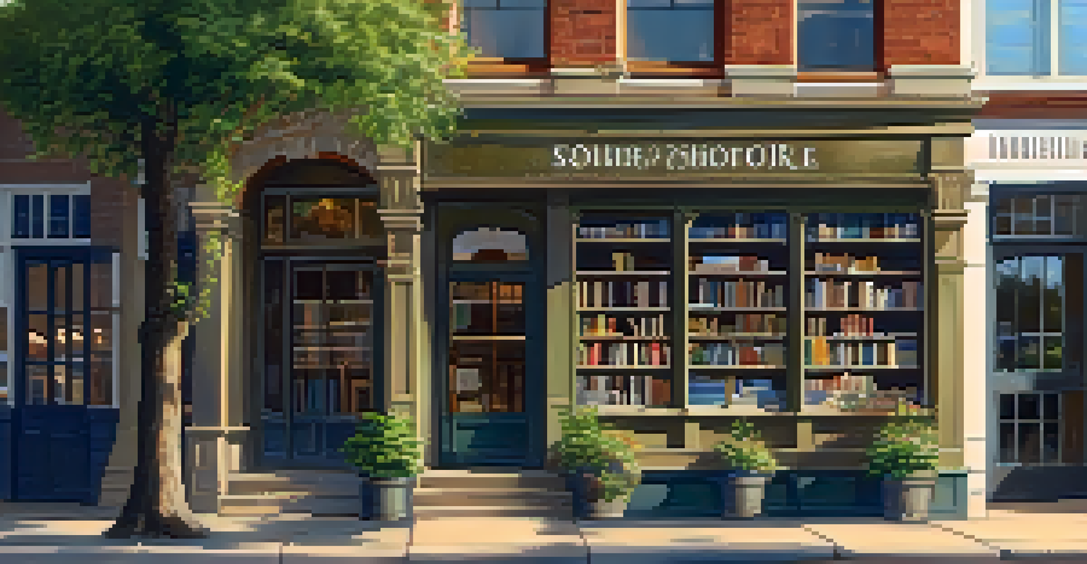 A charming vintage bookstore exterior with potted plants and a welcoming entrance, with sunlight streaming through the windows inside.