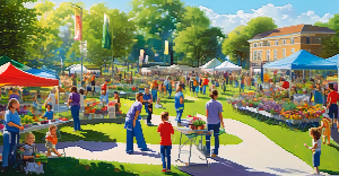 A lively community event in a park with people volunteering, planting flowers, and setting up booths, surrounded by greenery and colorful decorations.