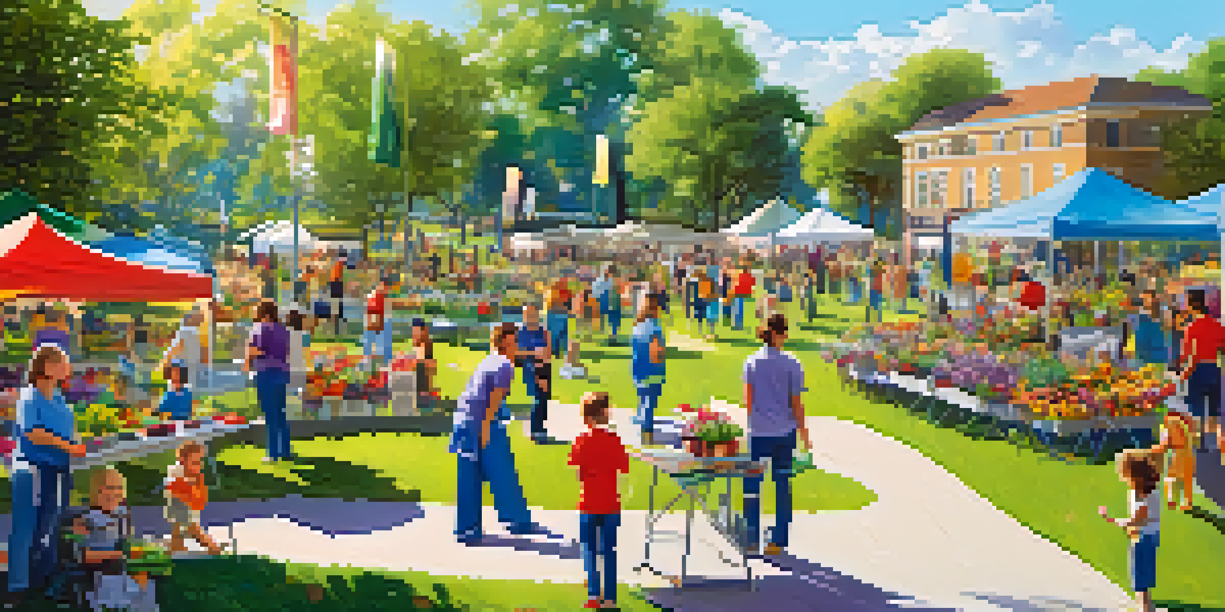 A lively community event in a park with people volunteering, planting flowers, and setting up booths, surrounded by greenery and colorful decorations.