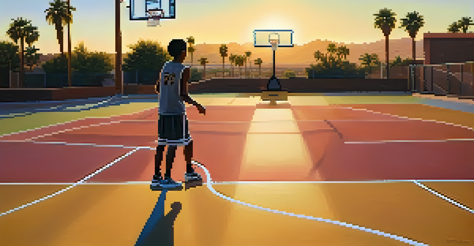 A young athlete practicing basketball on an outdoor court in Phoenix during sunset, with palm trees and a vibrant sky in the background.