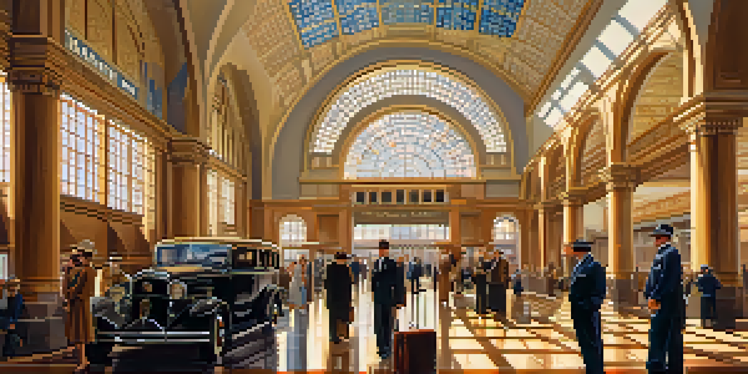 A historical view of Union Station in Phoenix, highlighting its Mission Revival architecture and warm sunlight illuminating the interior.