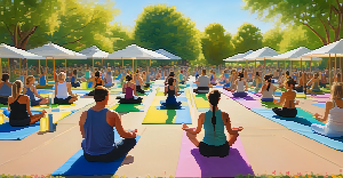 A group of people practicing yoga outdoors in a park, surrounded by trees and flowers under a sunny sky.