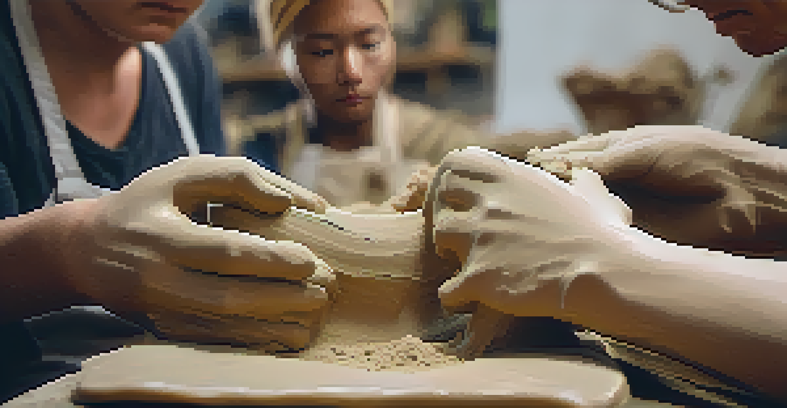 A close-up of hands molding clay in a workshop, with blurred participants and warm lighting creating a sense of creativity and collaboration.