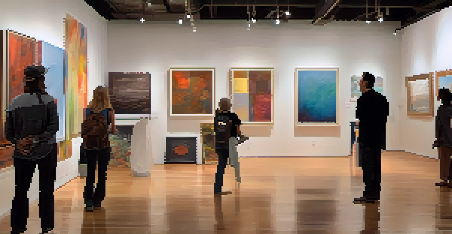An intimate art gallery in downtown Phoenix showcasing contemporary art with visitors admiring the pieces and a local artist discussing their work.