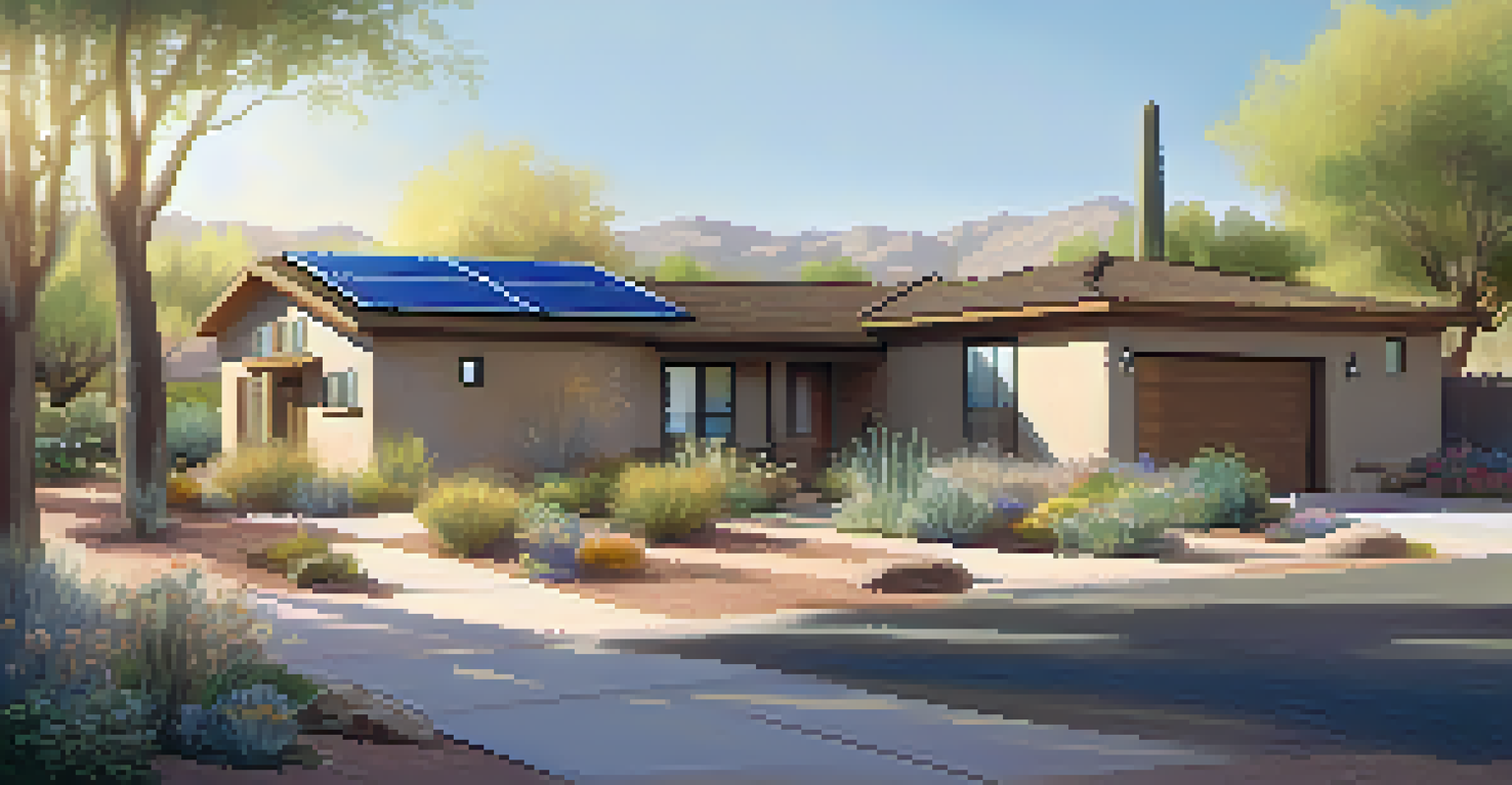 An eco-friendly home in Phoenix with solar panels and a community garden, surrounded by natural landscaping.