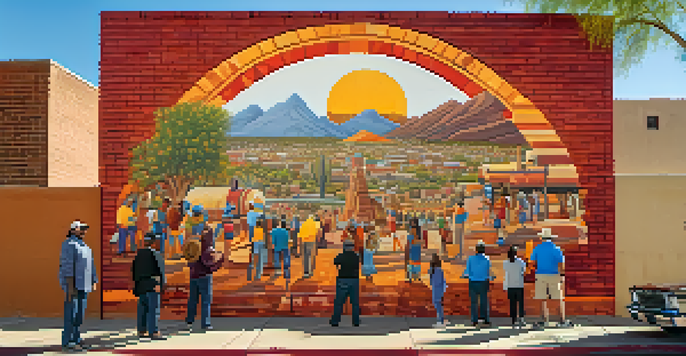 A brightly colored mural on a brick wall in Phoenix illustrates local history with indigenous designs and warm sunlight illuminating the colors.