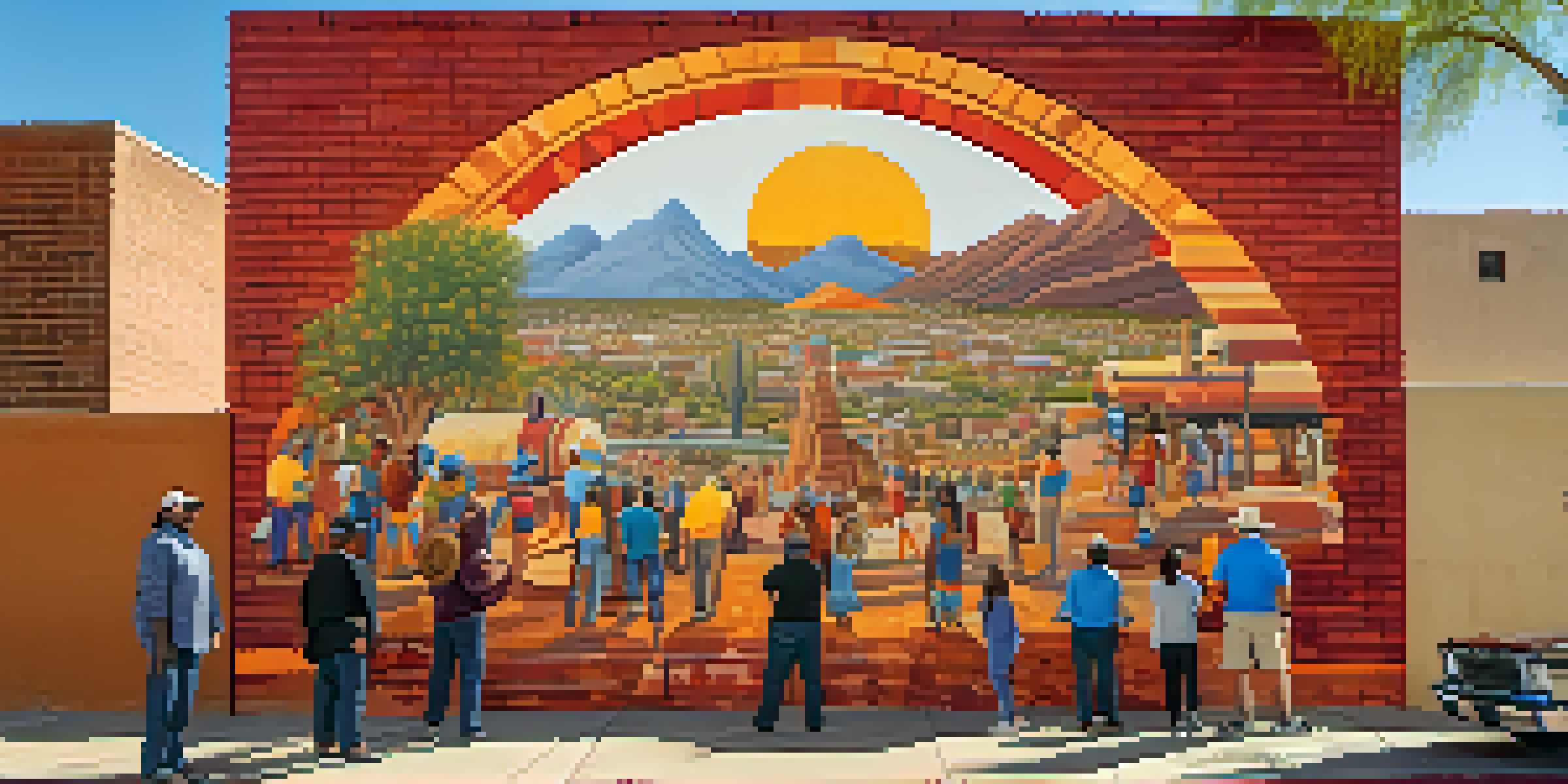 A brightly colored mural on a brick wall in Phoenix illustrates local history with indigenous designs and warm sunlight illuminating the colors.