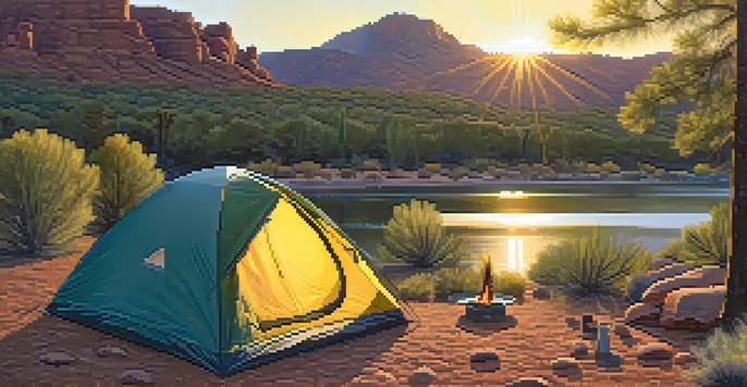 A picturesque camping scene with a tent and campfire in the Tonto National Forest, surrounded by trees and a lake during sunset.