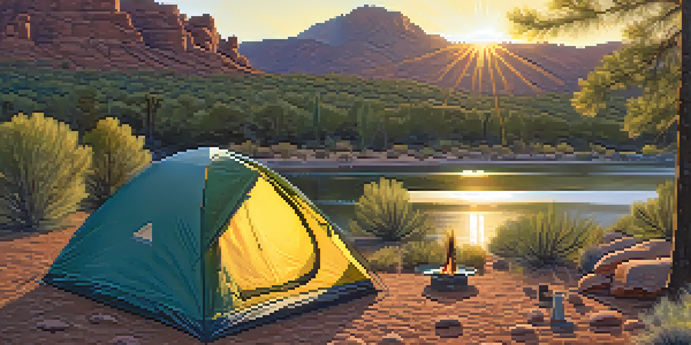 A picturesque camping scene with a tent and campfire in the Tonto National Forest, surrounded by trees and a lake during sunset.