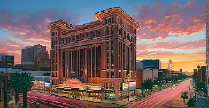 A vibrant sunset view of Downtown Phoenix featuring modern skyscrapers and historic buildings, with the Orpheum Theatre in the foreground.