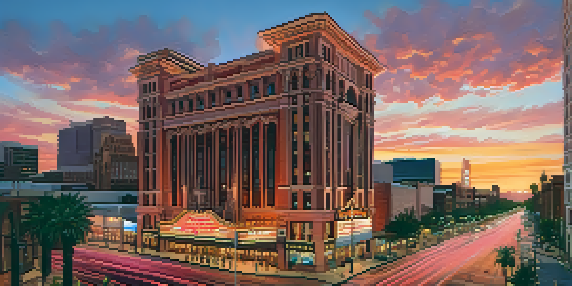 A vibrant sunset view of Downtown Phoenix featuring modern skyscrapers and historic buildings, with the Orpheum Theatre in the foreground.
