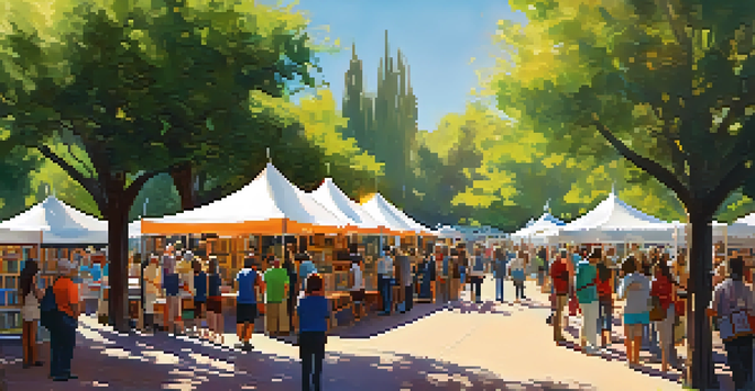 A crowded Phoenix Book Festival with diverse attendees browsing books and engaging in discussions under colorful tents, illuminated by warm sunlight.