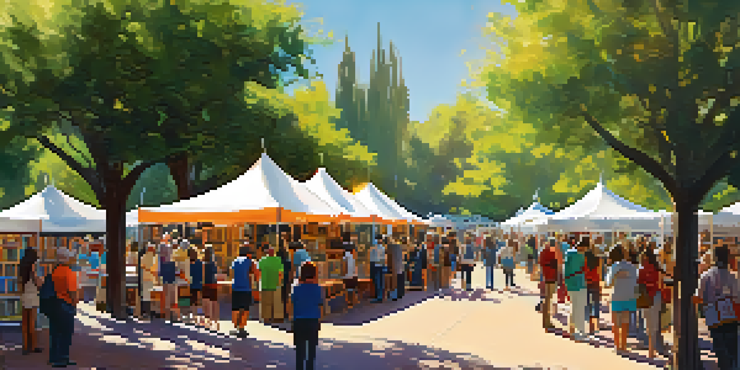 A crowded Phoenix Book Festival with diverse attendees browsing books and engaging in discussions under colorful tents, illuminated by warm sunlight.