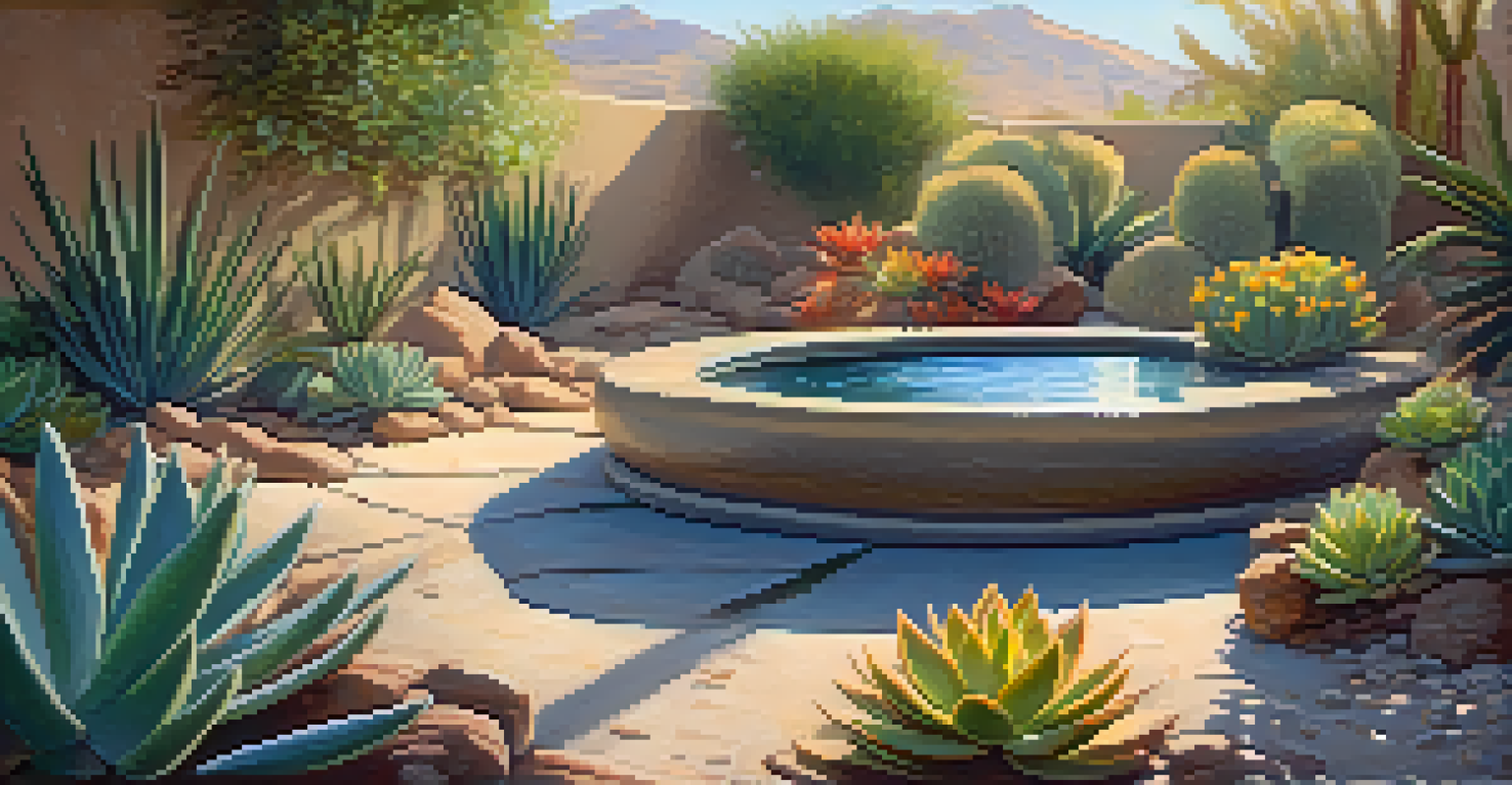 A peaceful recirculating fountain in a desert garden, surrounded by gravel and vibrant succulents, with sunlight sparkling on the water.