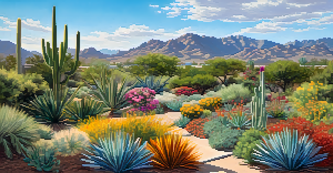 A lush xeriscaped garden filled with colorful drought-resistant plants under a sunny blue sky.