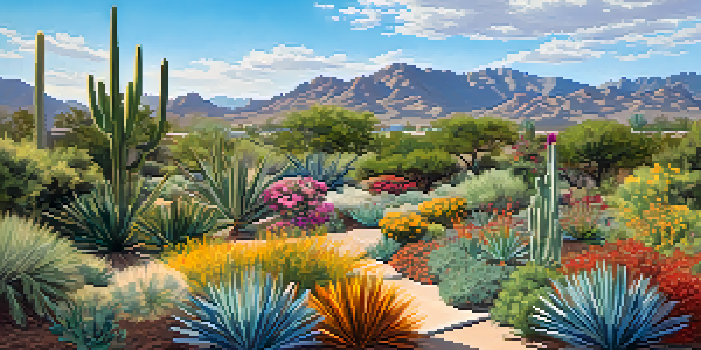 A lush xeriscaped garden filled with colorful drought-resistant plants under a sunny blue sky.