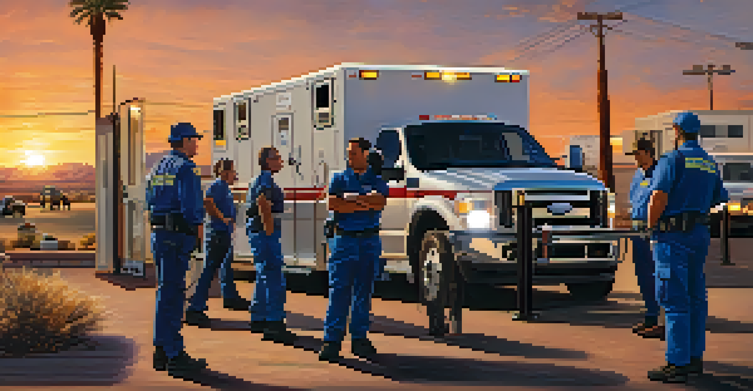 An emergency response team in Phoenix outside a mobile crisis unit, discussing plans with a cityscape backdrop at sunset.