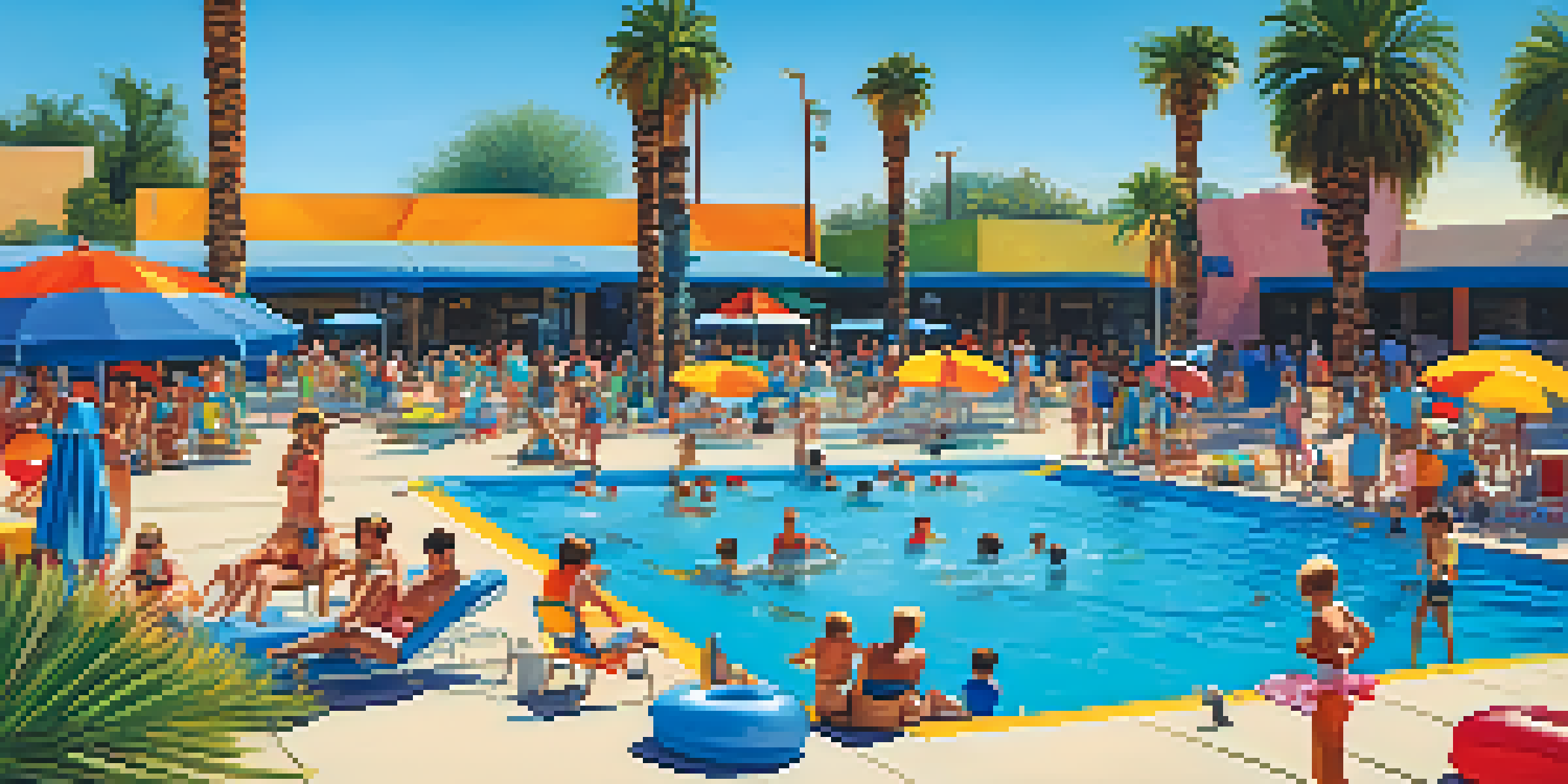 A lively scene of a public swimming pool in Phoenix with families swimming, children playing in shallow water, and parents relaxing under umbrellas.