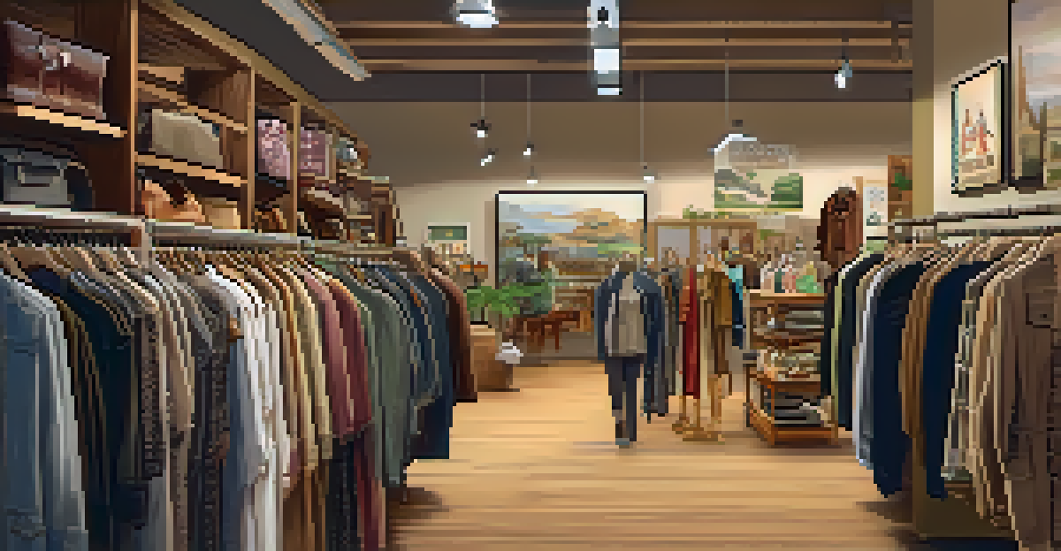 The interior of a cozy thrift store in Phoenix showcasing second-hand clothing and local art with warm lighting.