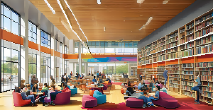 Interior view of a modern public library with natural light, flexible seating, and diverse people engaging in community activities.