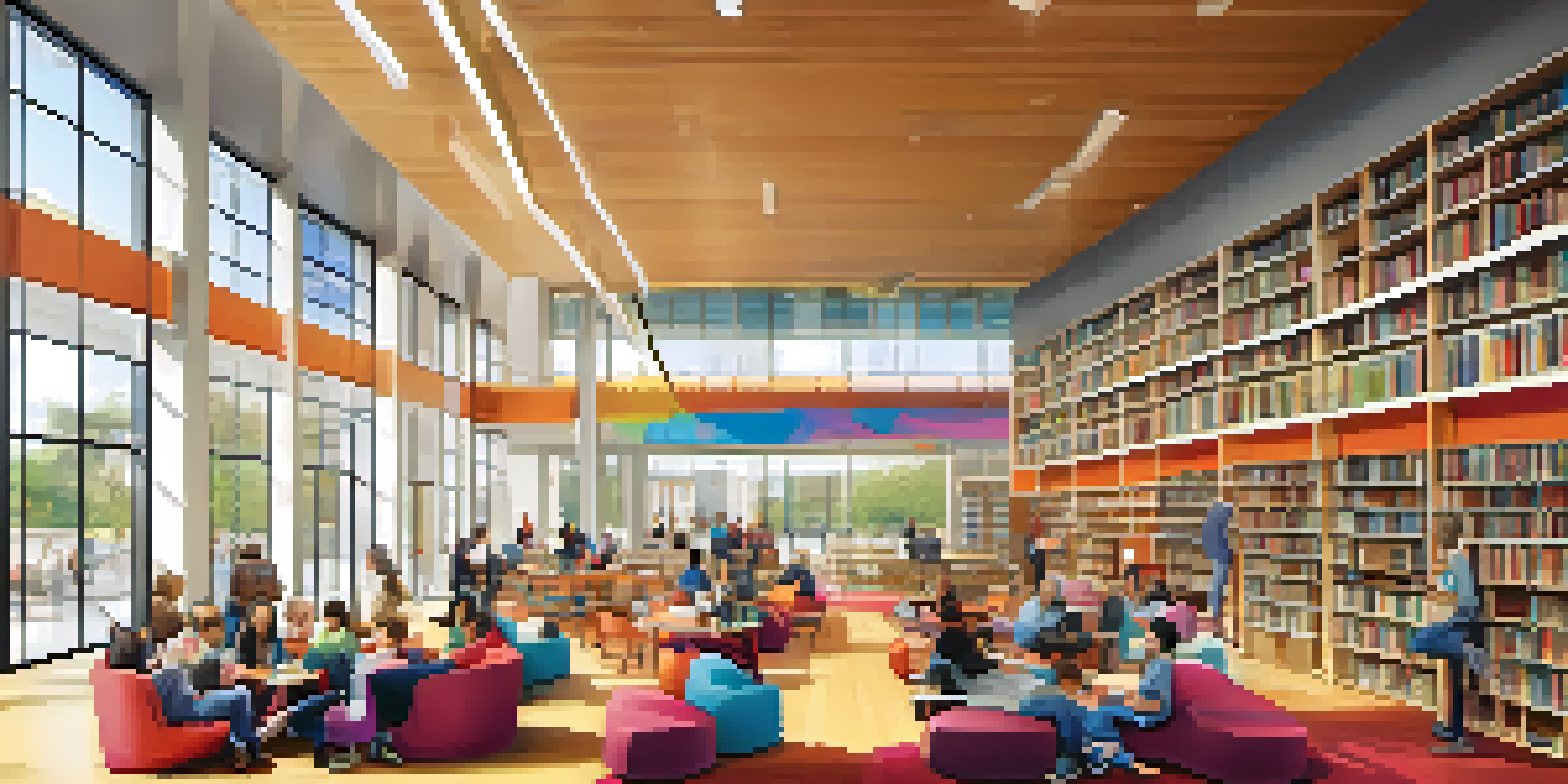 Interior view of a modern public library with natural light, flexible seating, and diverse people engaging in community activities.