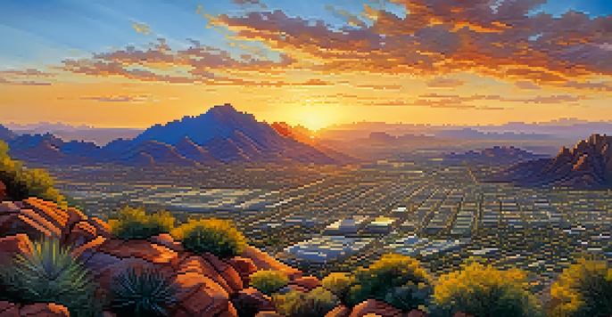 A panoramic sunrise view from Camelback Mountain, highlighting colorful skies and the city of Phoenix in the morning light.