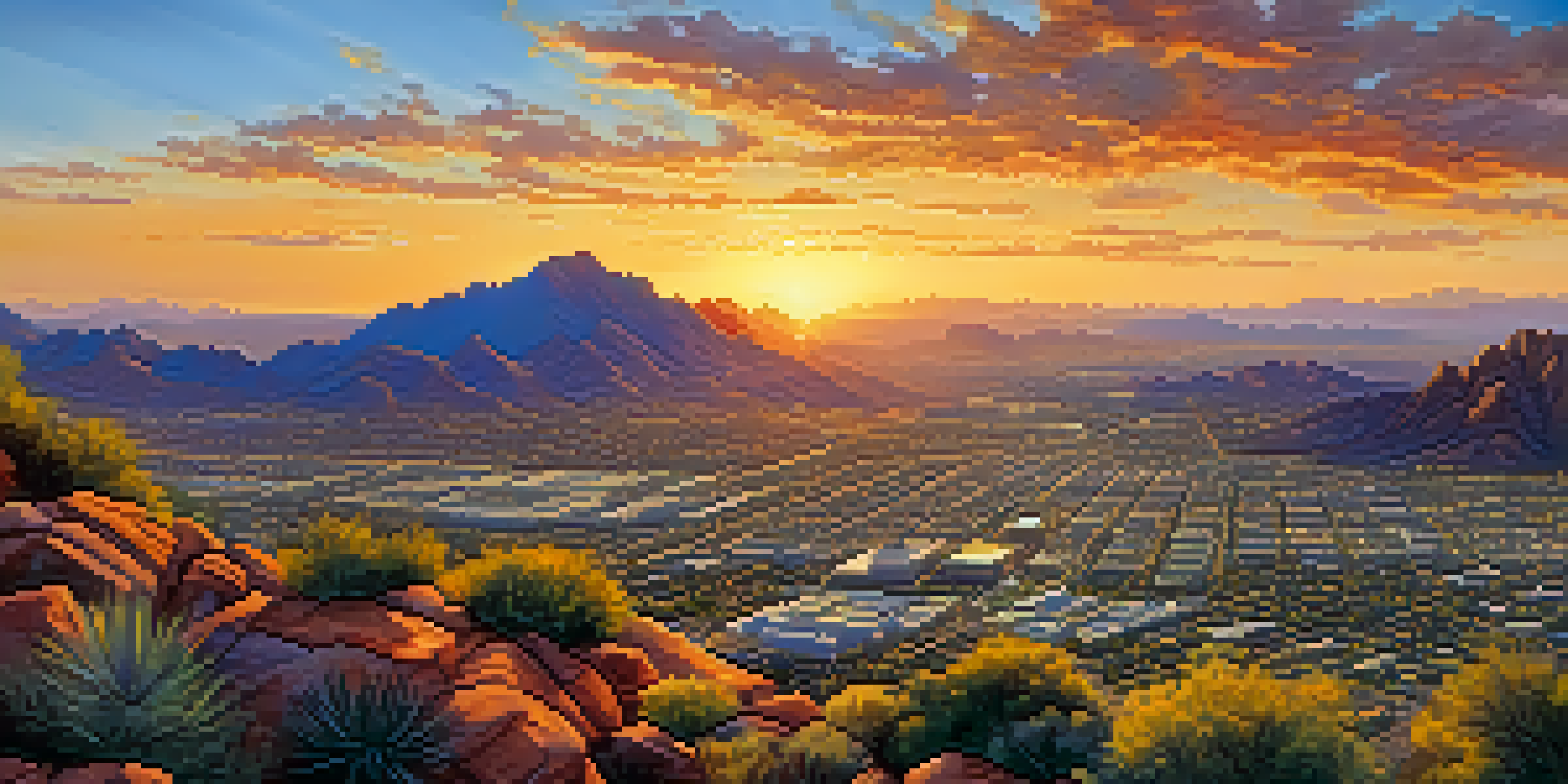 A panoramic sunrise view from Camelback Mountain, highlighting colorful skies and the city of Phoenix in the morning light.