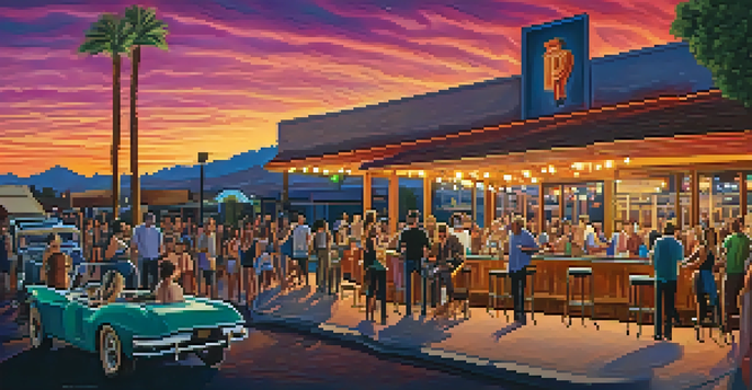 A lively outdoor patio at Crescent Ballroom in Phoenix, filled with people enjoying music and drinks under colorful lights during sunset.