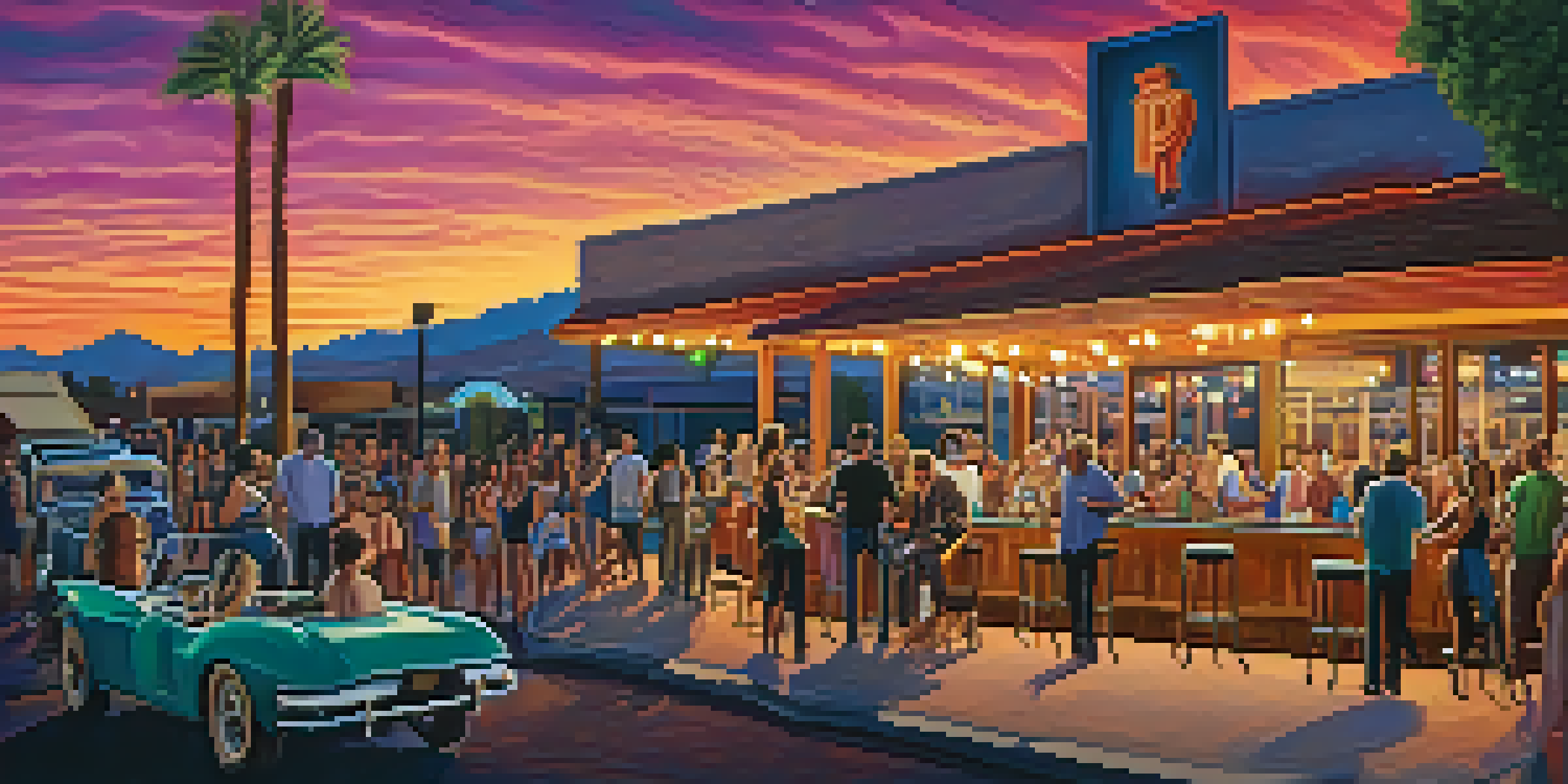 A lively outdoor patio at Crescent Ballroom in Phoenix, filled with people enjoying music and drinks under colorful lights during sunset.