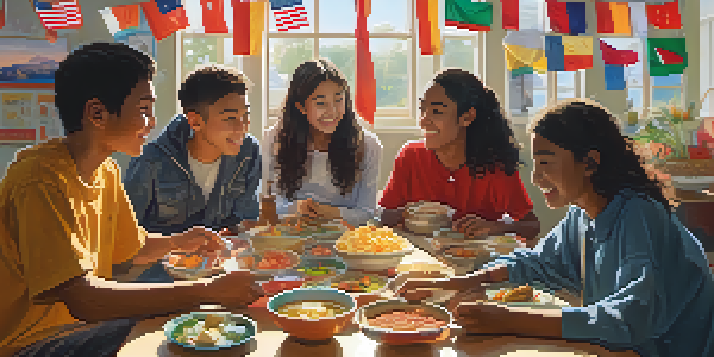 A classroom filled with students from different cultures sharing food and engaging in discussion, with country flags decorating the walls.